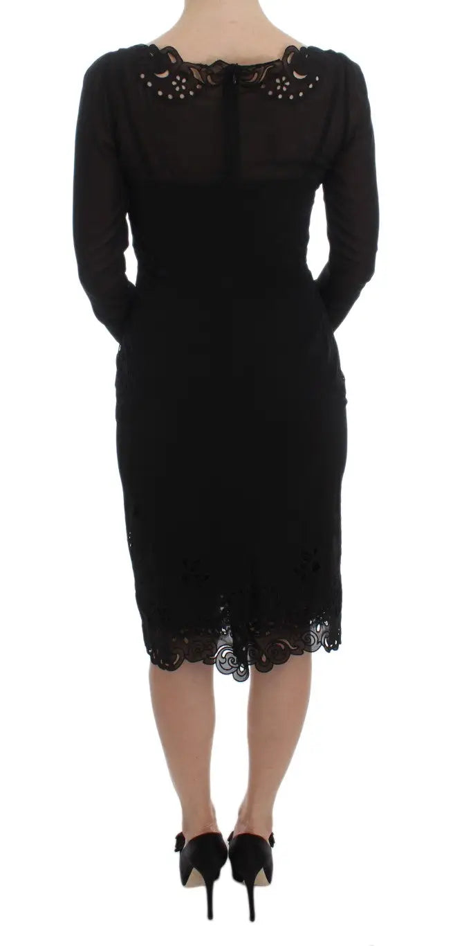 Robe fourreau stretch en soie noire dolce gabbana avec manches longues transparentes et col orné
