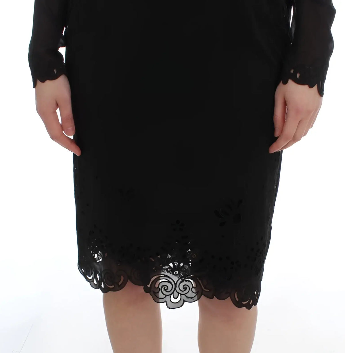 Robe midi noire en dentelle dolce & gabbana en soie stretch avec poignets festonnés et ourlet brodé orné