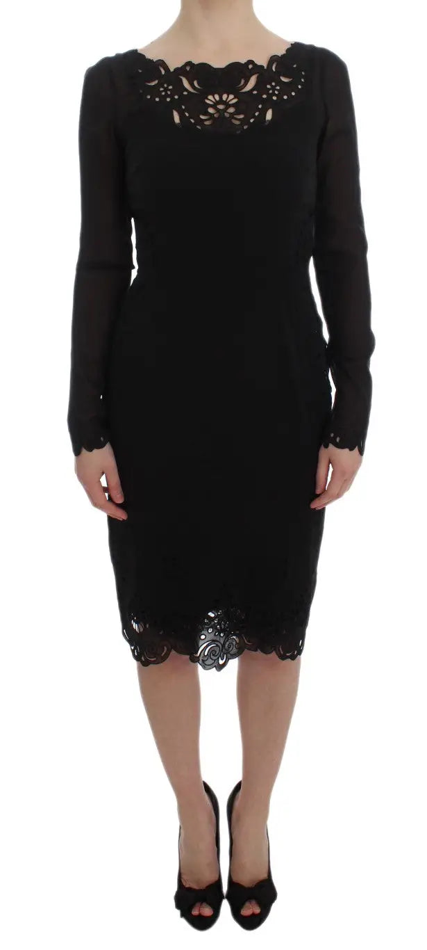 Robe fourreau noire dolce & gabbana en soie stretch avec détails en dentelle au col et à l’ourlet