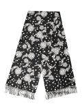 Dolce & gabbana foulard noir en soie avec motifs célestes blancs et franges délicates 178cm x 33cm