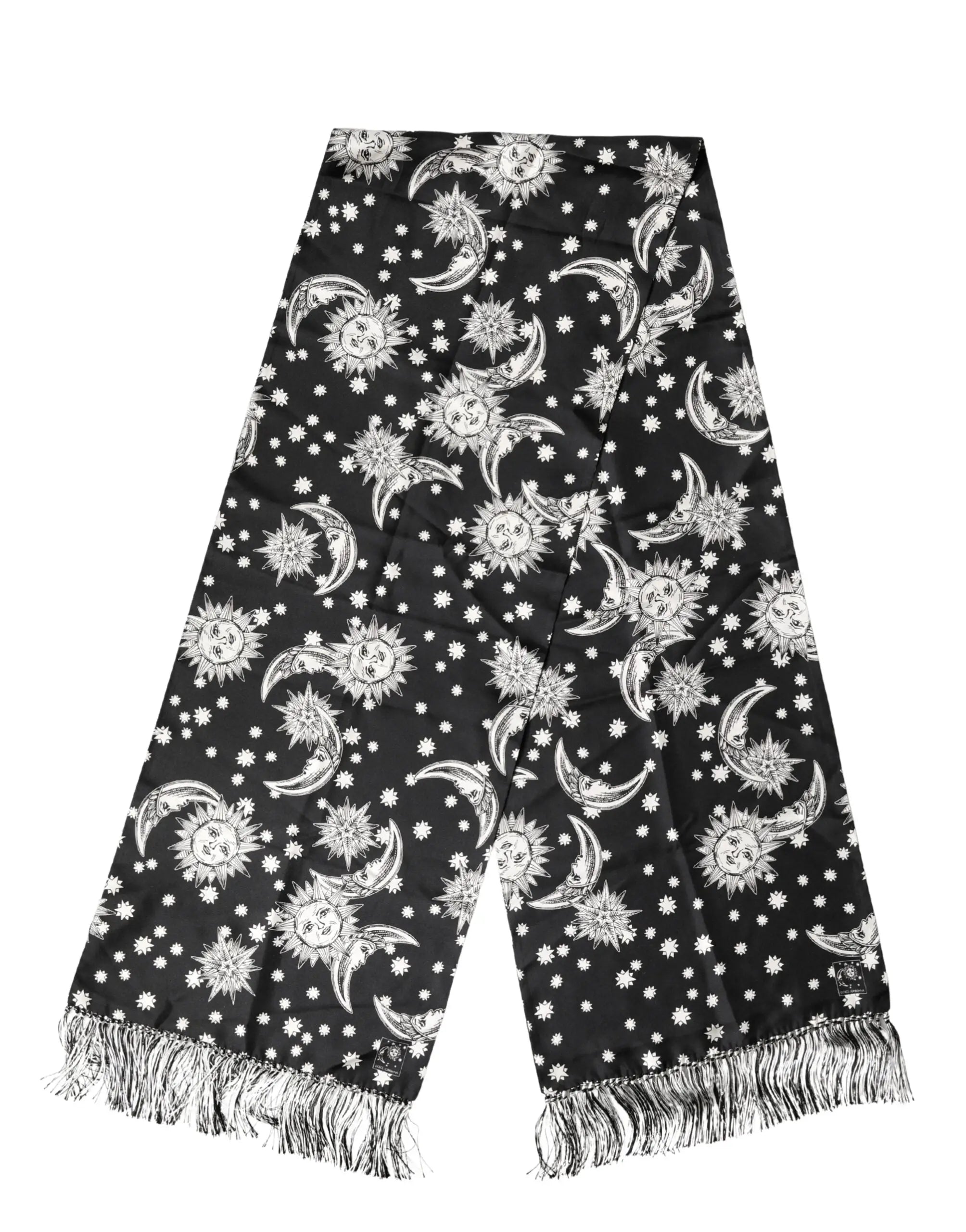 Dolce & gabbana foulard noir en soie avec motifs célestes blancs et franges délicates 178cm x 33cm