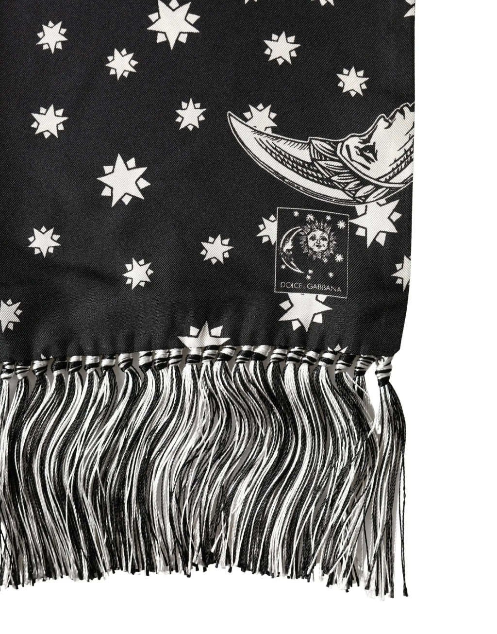 Dolce & gabbana foulard en soie noir avec motif lune et étoile blanc et franges noir et blanc 178 cm x 33 cm