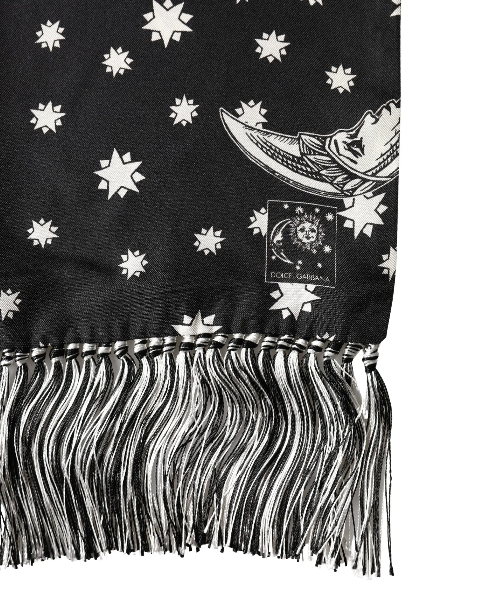 Dolce & gabbana foulard en soie noir avec motif lune et étoile blanc et franges noir et blanc 178 cm x 33 cm