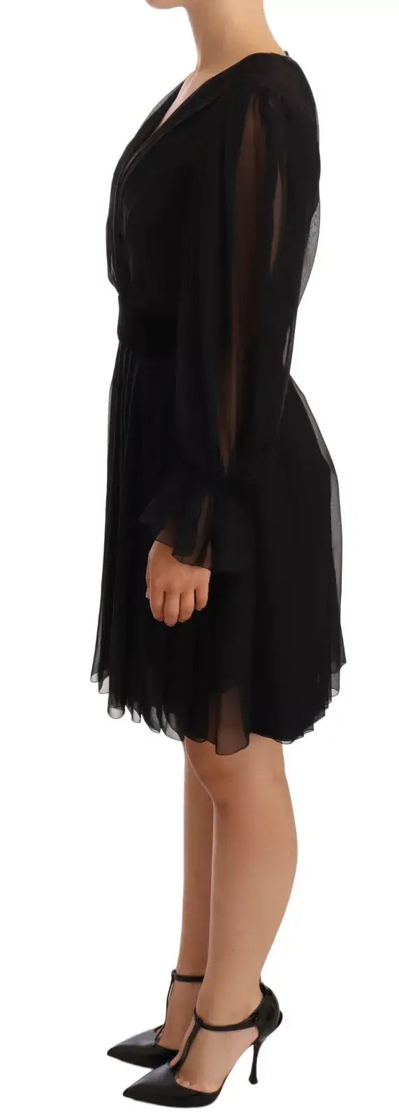 Robe noire en tulle de soie dolce & gabbana à manches longues et col en v en chiffon transparent