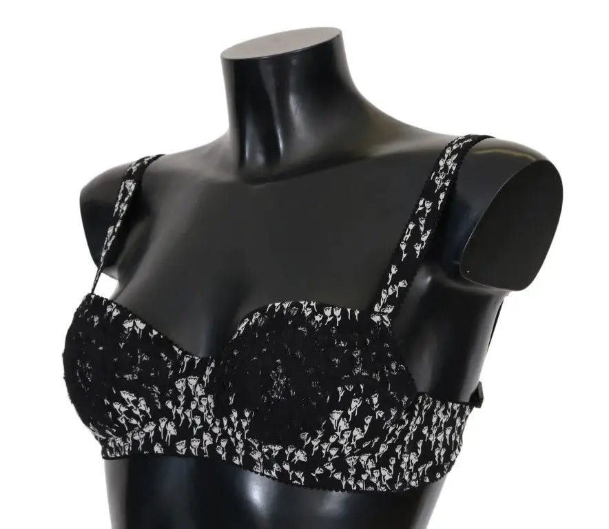 Dolce & gabbana black silk bra with delicate white lace floral embroidery on straps and band in stretch fabric