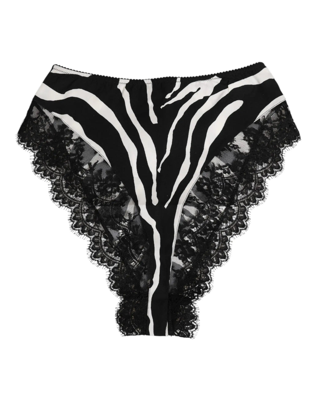 Slip taille haute en soie noire dolce & gabbana avec imprimé zèbre noir et blanc et dentelle délicate