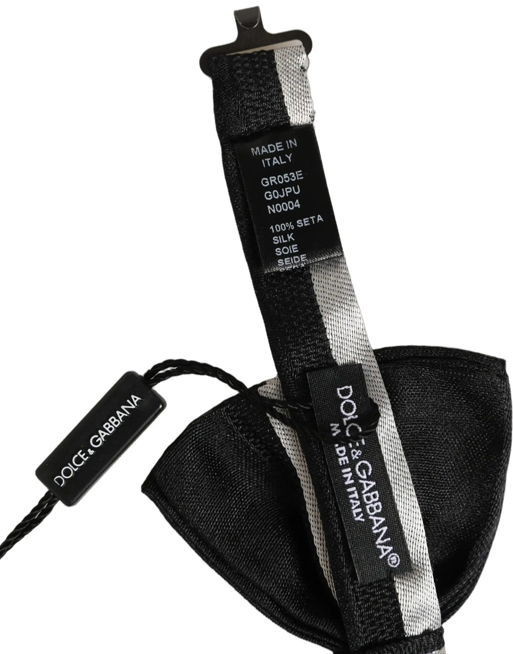 Cravate papillon dolce & gabbana en soie 100 pour cent rayée noire et argent ajustable