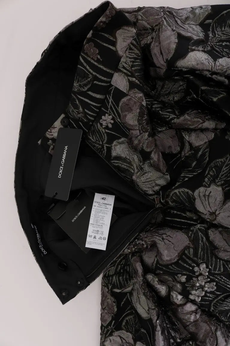 Pantalon dolce & gabbana noir en brocart floral argenté avec motif complexe en gris et argent
