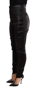 Pantalon dolce & gabbana en coton stretch noir avec fil lurex argenté et finitions en cuir brillant et coutures discrètes
