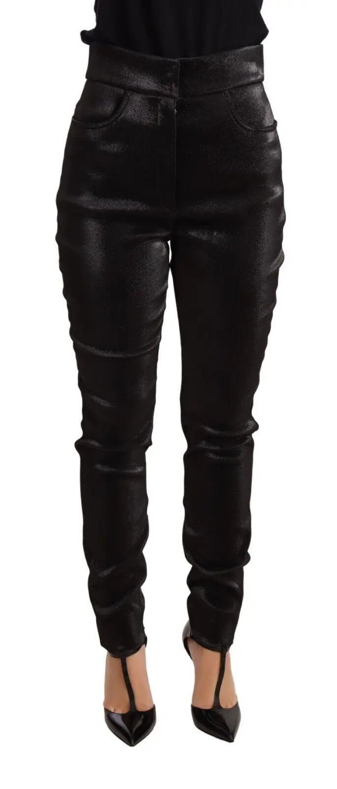 Pantalon dolce gabbana noir en coton stretch avec fil lurex argent et coupe ajustée taille haute en simili cuir