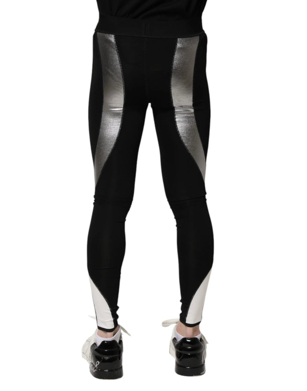 Leggings noirs dolce gabbana en nylon skinny pour homme avec panneaux géométriques argentés et blancs sur les côtés