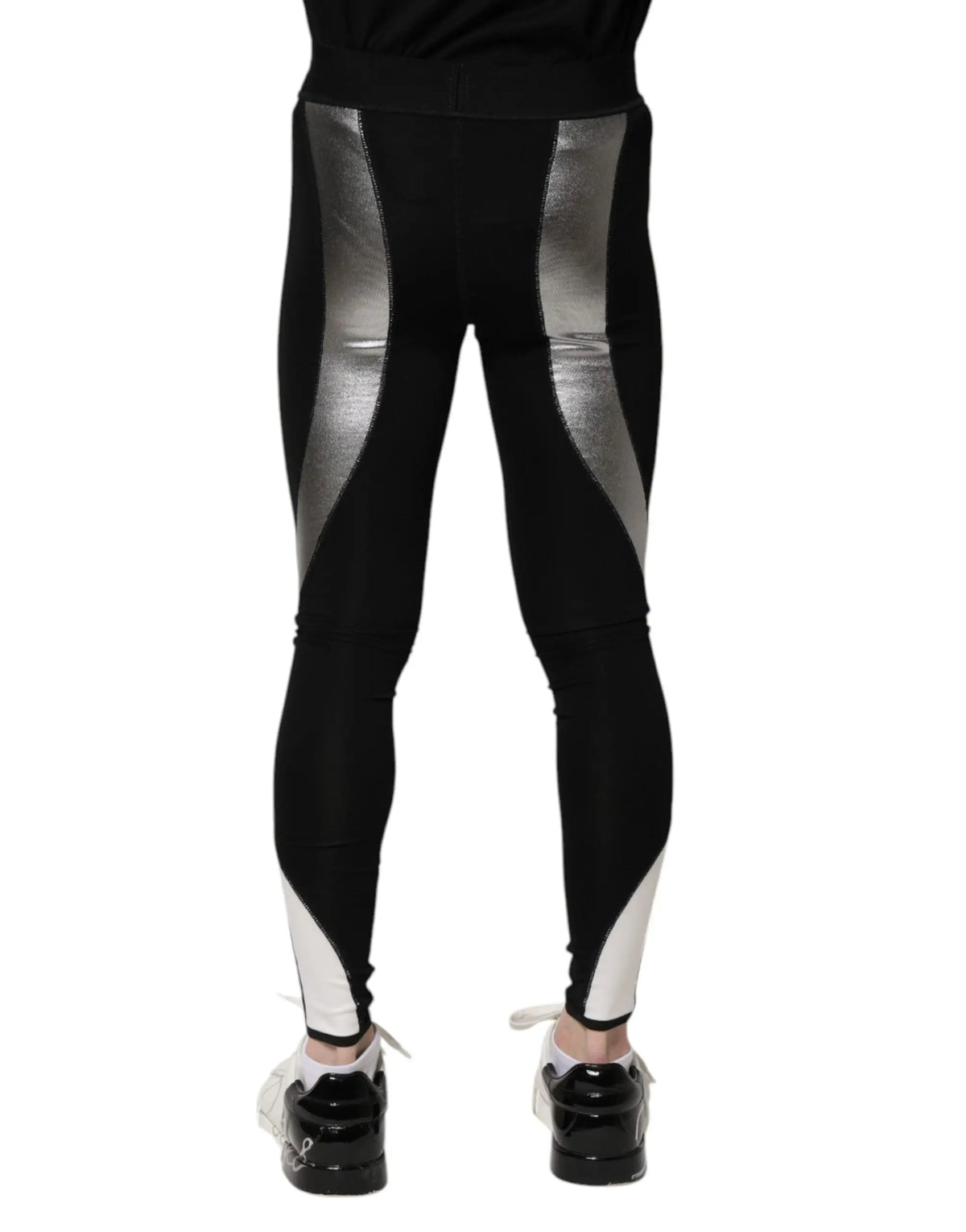 Leggings noirs dolce gabbana en nylon skinny pour homme avec panneaux géométriques argentés et blancs sur les côtés