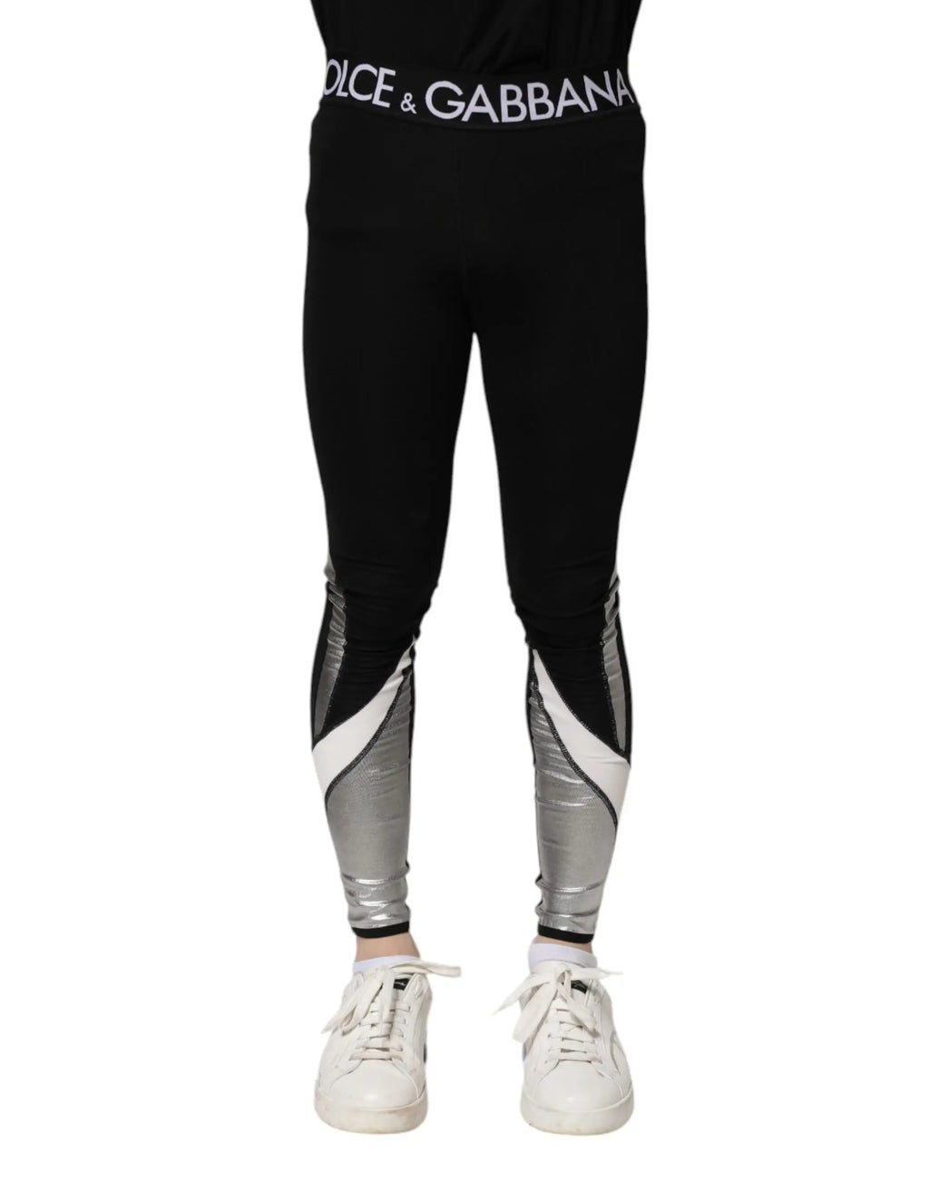 Legging homme dolce & gabbana noir en nylon avec panneaux géométriques argentés et blancs sur les cuisses