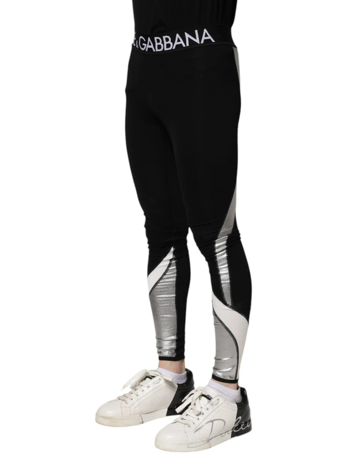 Legging homme dolce & gabbana noir en nylon avec panneaux géométriques argentés et blancs sur les côtés