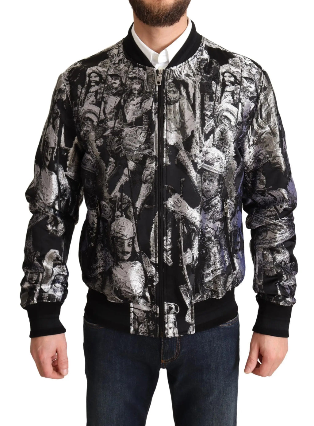 Dolce & gabbana bomber noir avec imprimé gris détaillé de chevaliers en armure sur le devant et les manches
