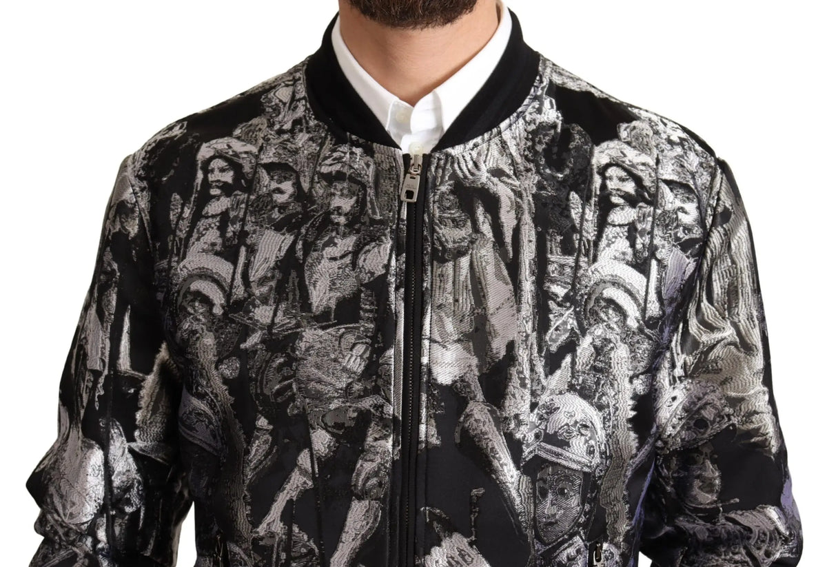 Dolce & gabbana bomber noir et argent imprimé motif puppi avec figure historique détaillée en noir et blanc