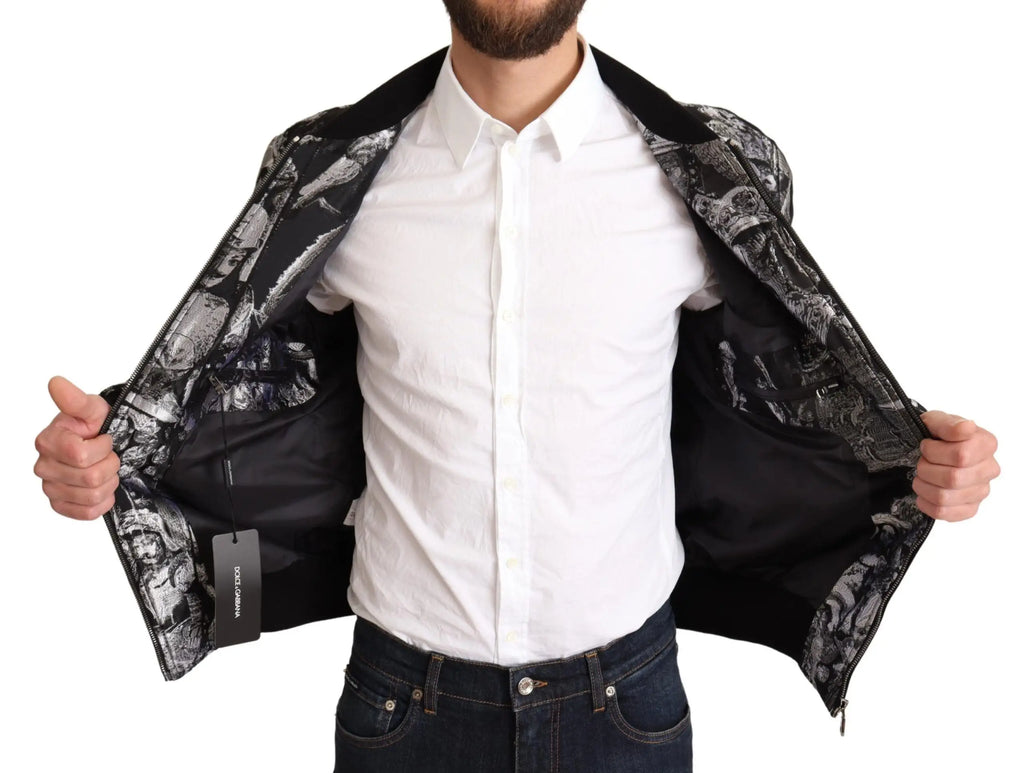 Blouson bomber dolce & gabbana noir et argent avec motif puppi et design graphique audacieux en noir et blanc