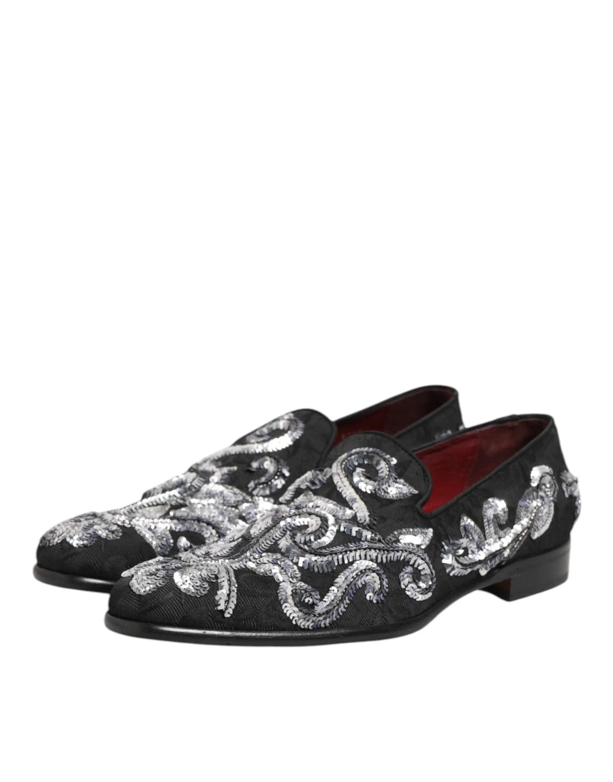 Dolce & gabbana mocassins noirs pour homme avec broderie argentée détaillée en sequins pour chaussures habillées