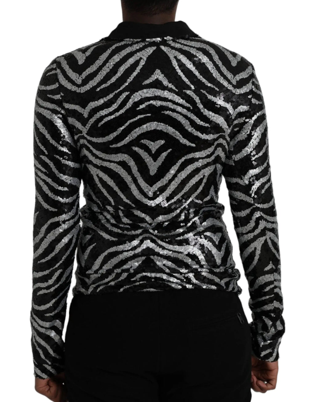 Dolce & Gabbana pull noir et argent à sequins en polyester avec motifs zébrés à manches longues et col