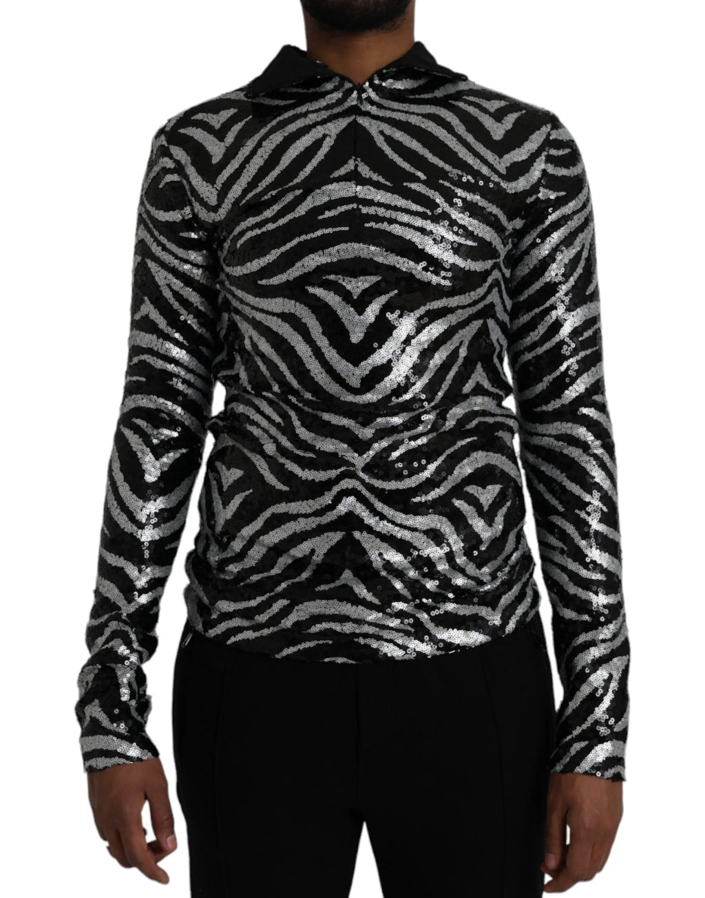 Dolce gabbana pull noir et argent à capuche en polyester avec sequins rayures zebre