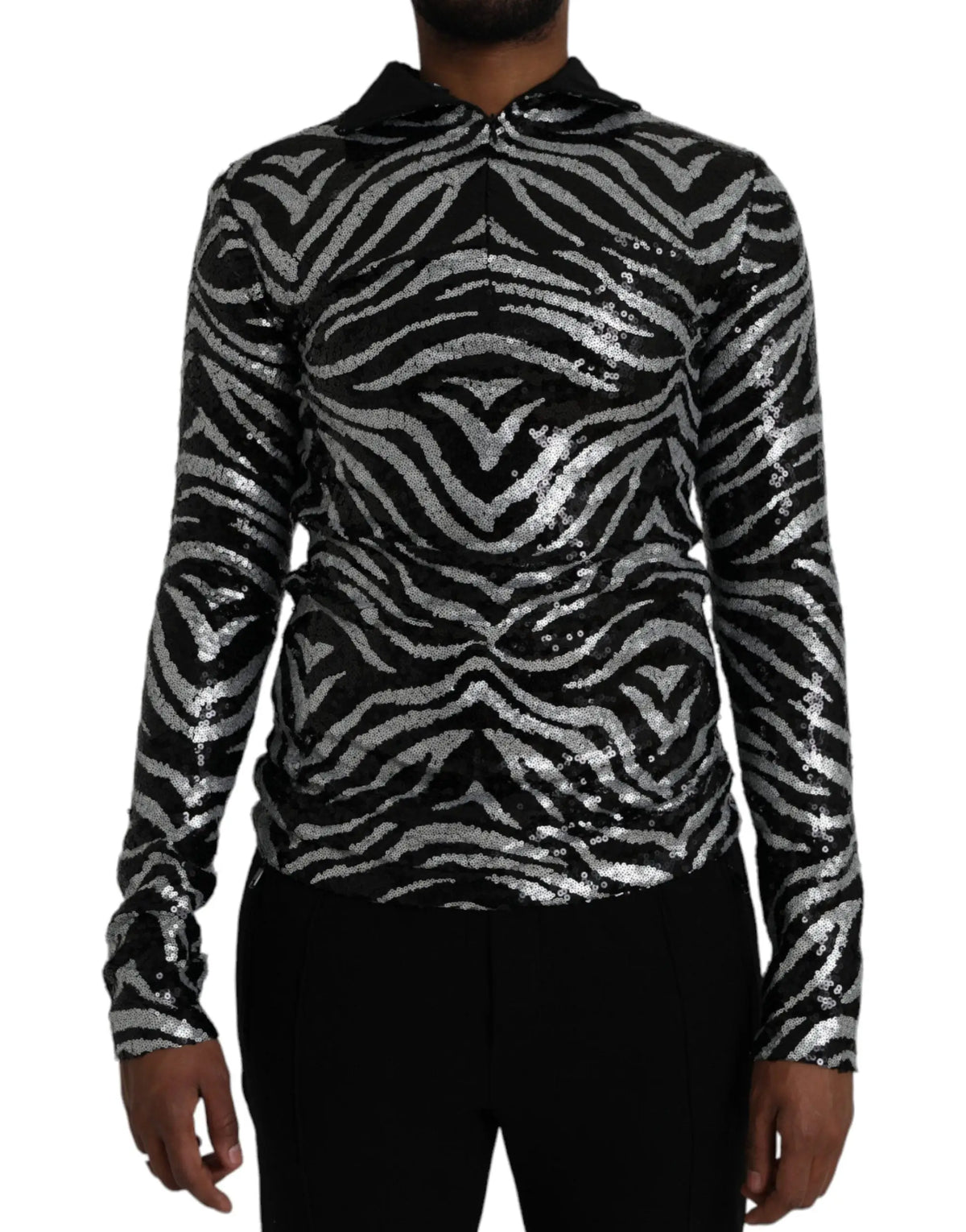 Dolce gabbana pull noir et argent à capuche en polyester avec sequins rayures zebre
