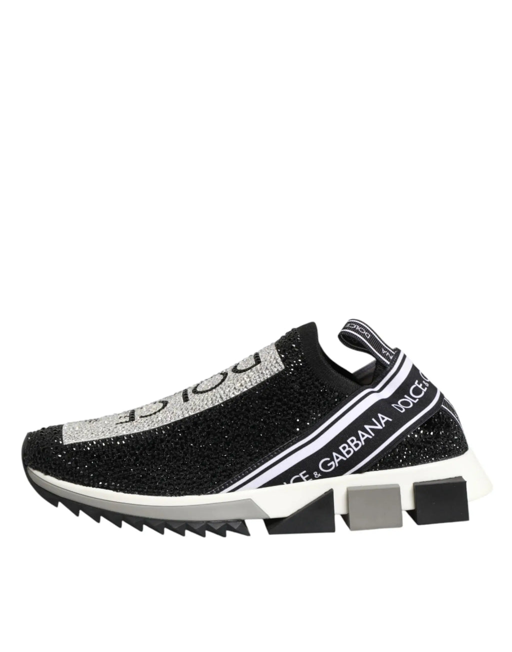 Baskets noires scintillantes dolce gabbana en maille slip on avec logo argenté et semelle blanche et noire épaisse
