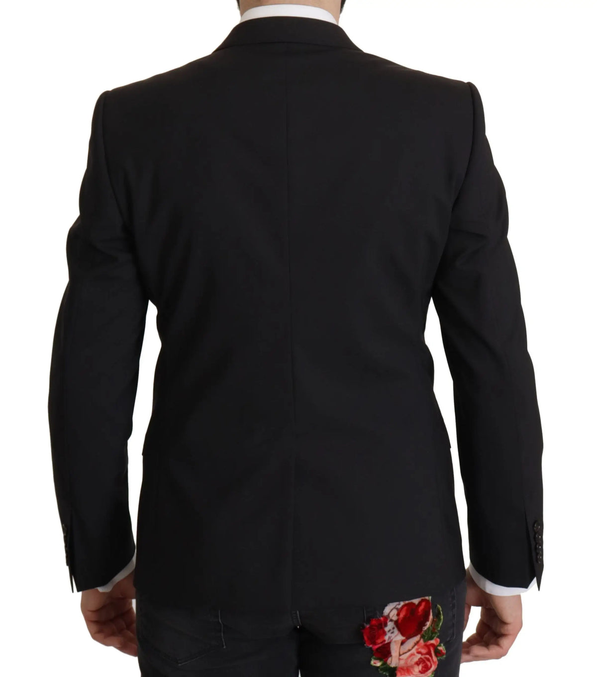 Veste dolce gabbana noire martini vue de dos avec broderie florale rouge de roses au bas du dos