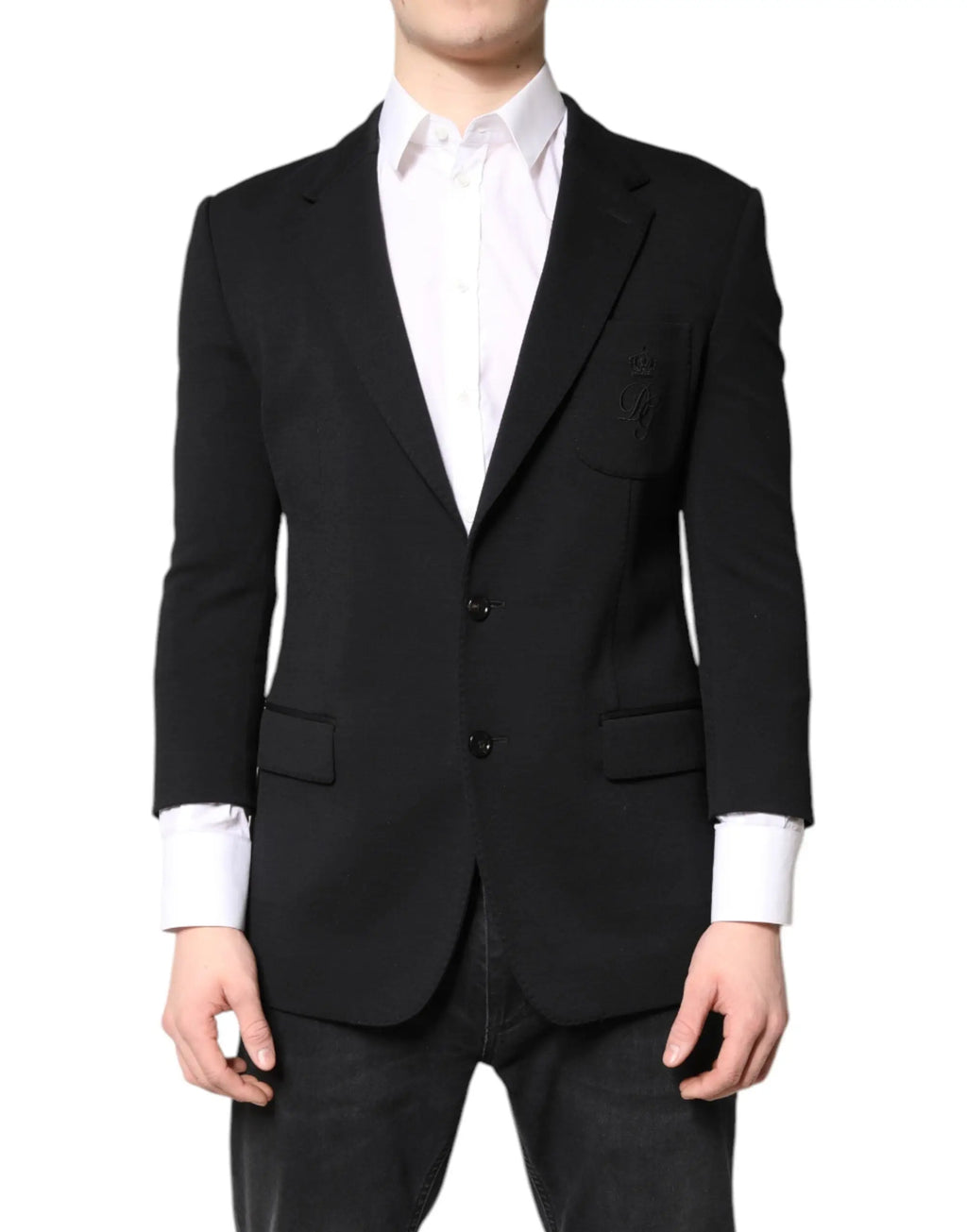 Dolce & Gabbana blazer homme noir single boutonnage avec broderie subtile sur la poche poitrine gauche