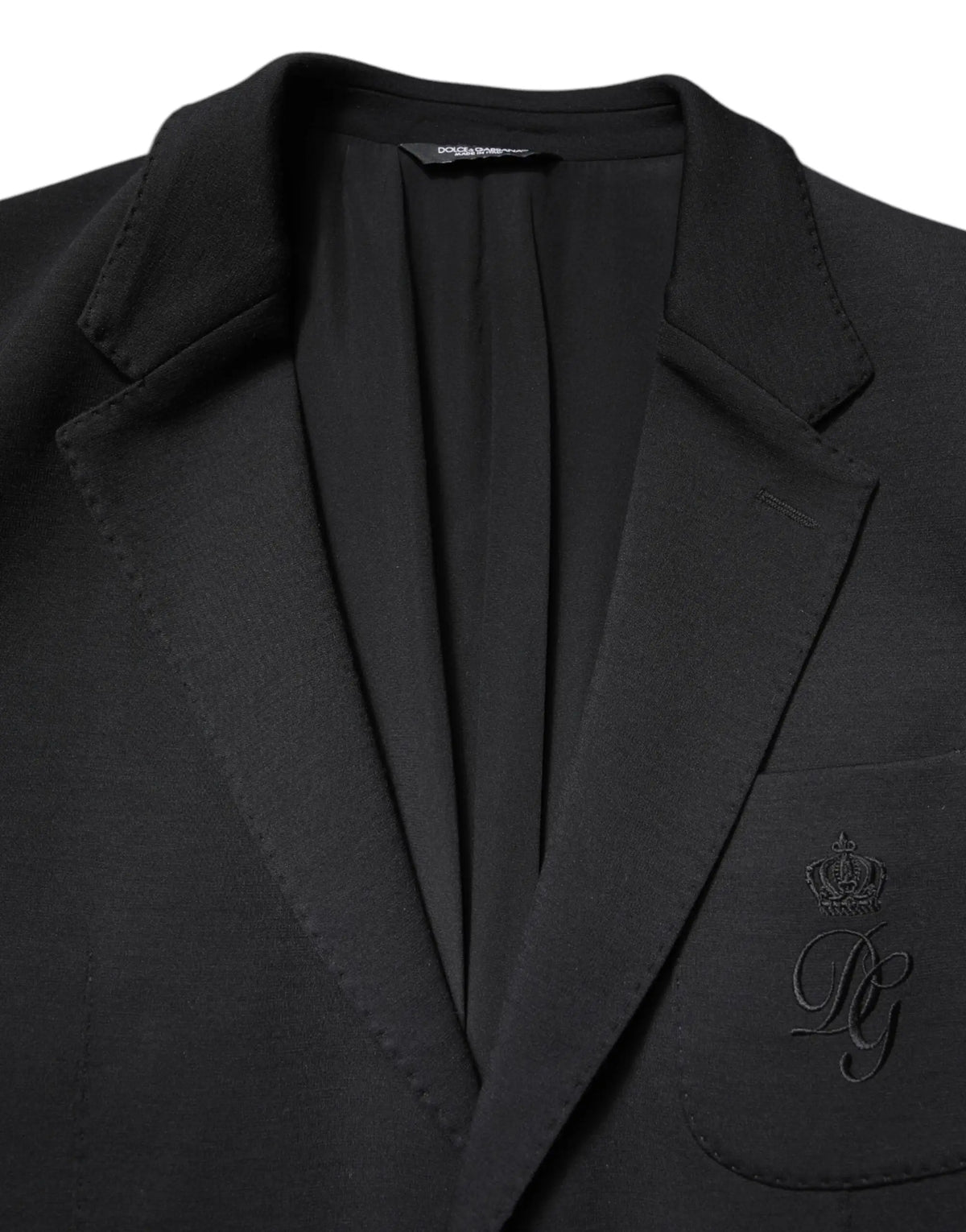 Dolce & gabbana blazer homme noir à simple boutonnage avec broderie subtile de couronne et monogramme au poitrine