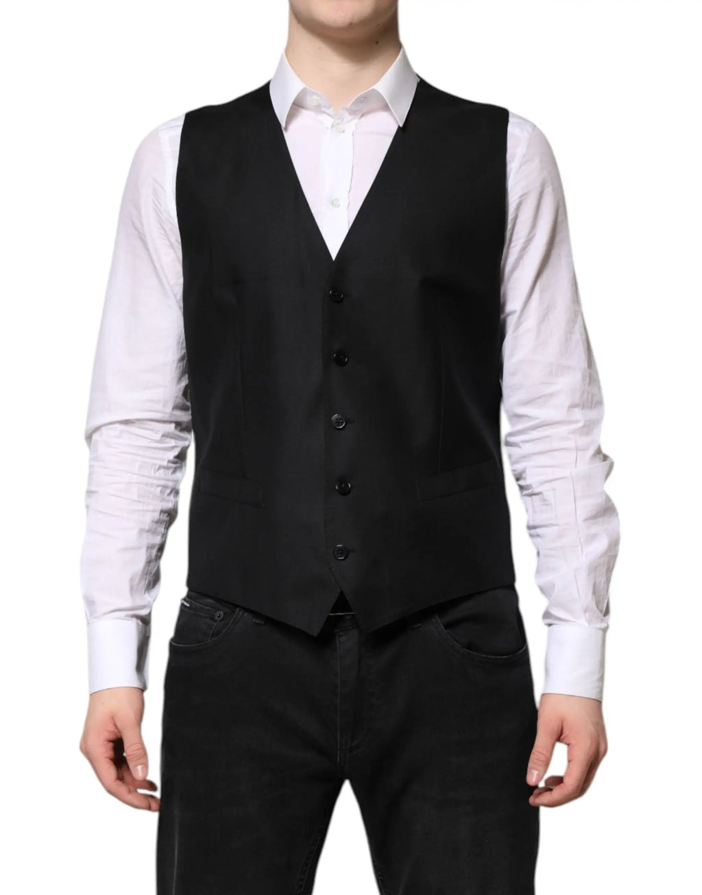 Dolce & gabbana gilet noir formel à coupe ajustée avec cinq boutons noirs assortis sur le devant