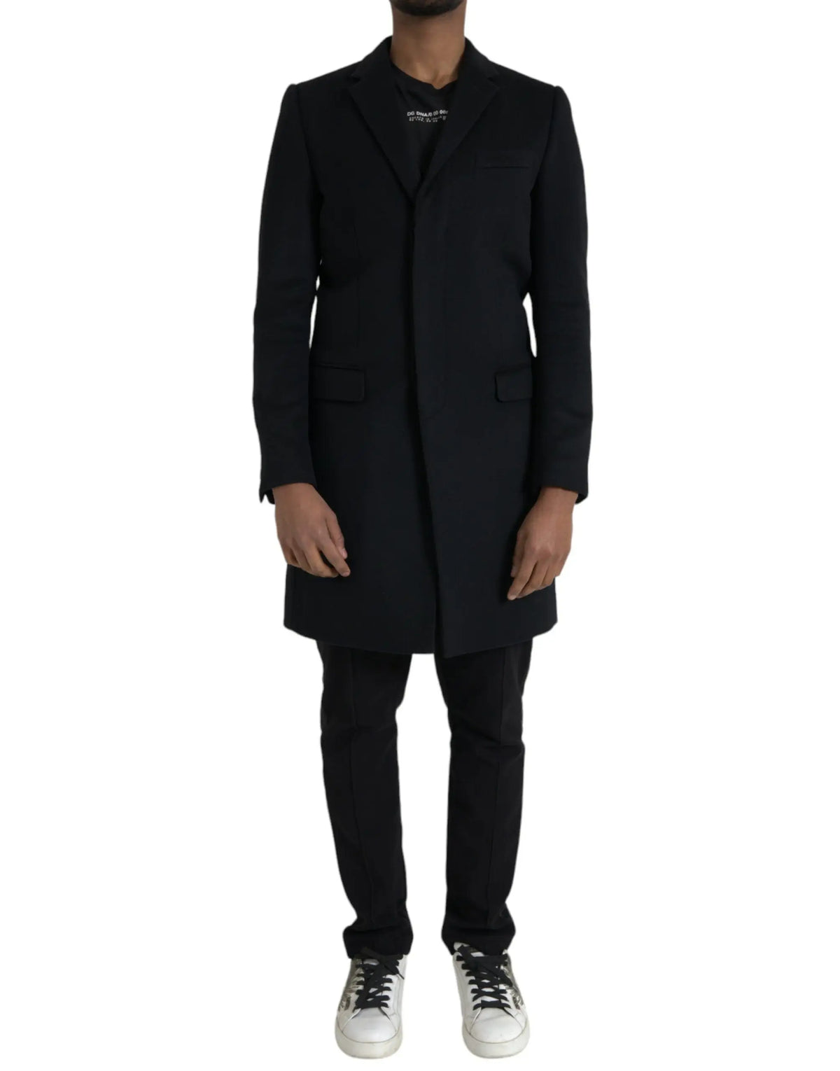 Dolce gabbana manteau trench single breasted noir en laine avec logo brodé discret sur la poitrine gauche