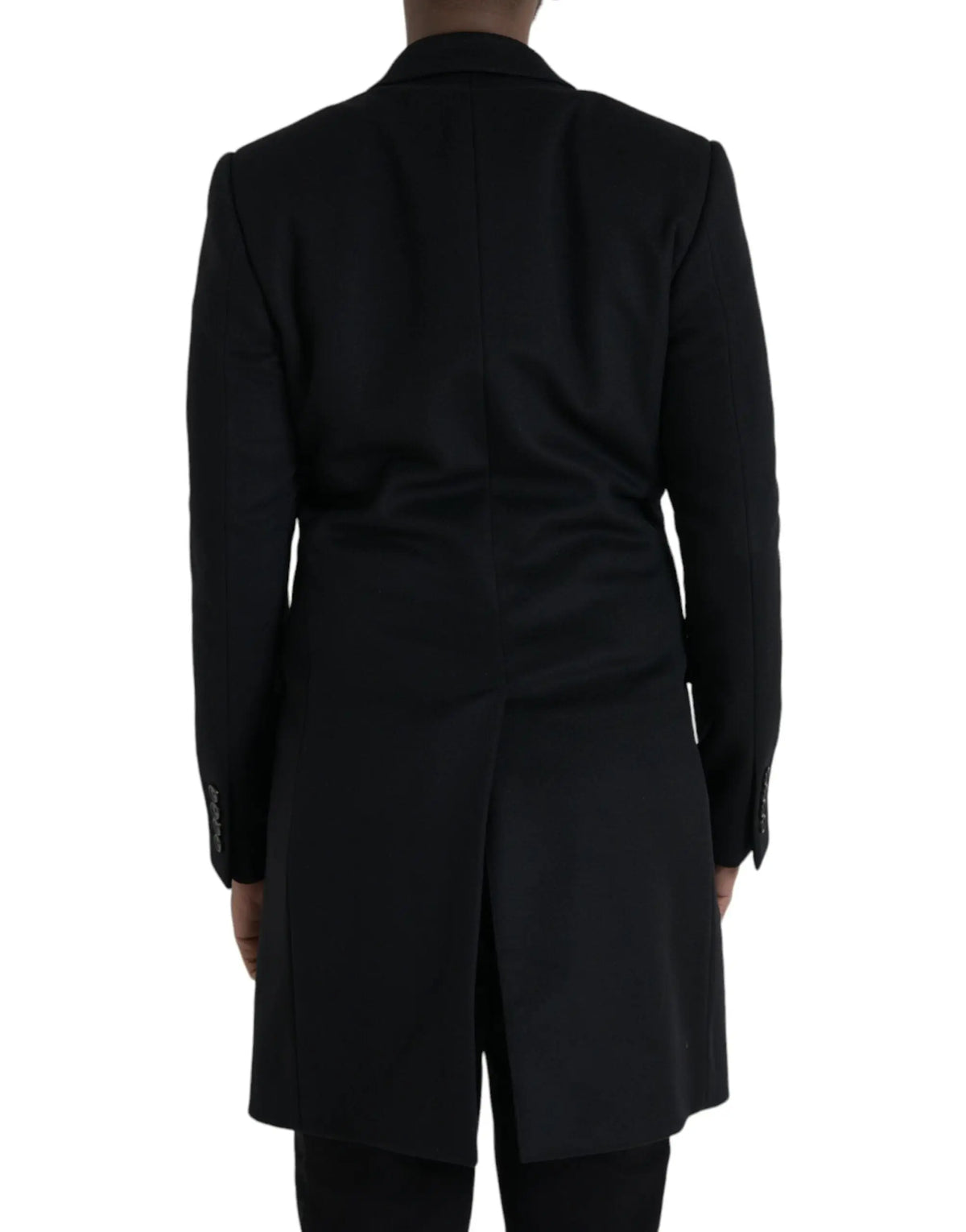 Vue arrière dun trench coat noir dolce & gabbana en laine avec double boutonnage classique et col cranté