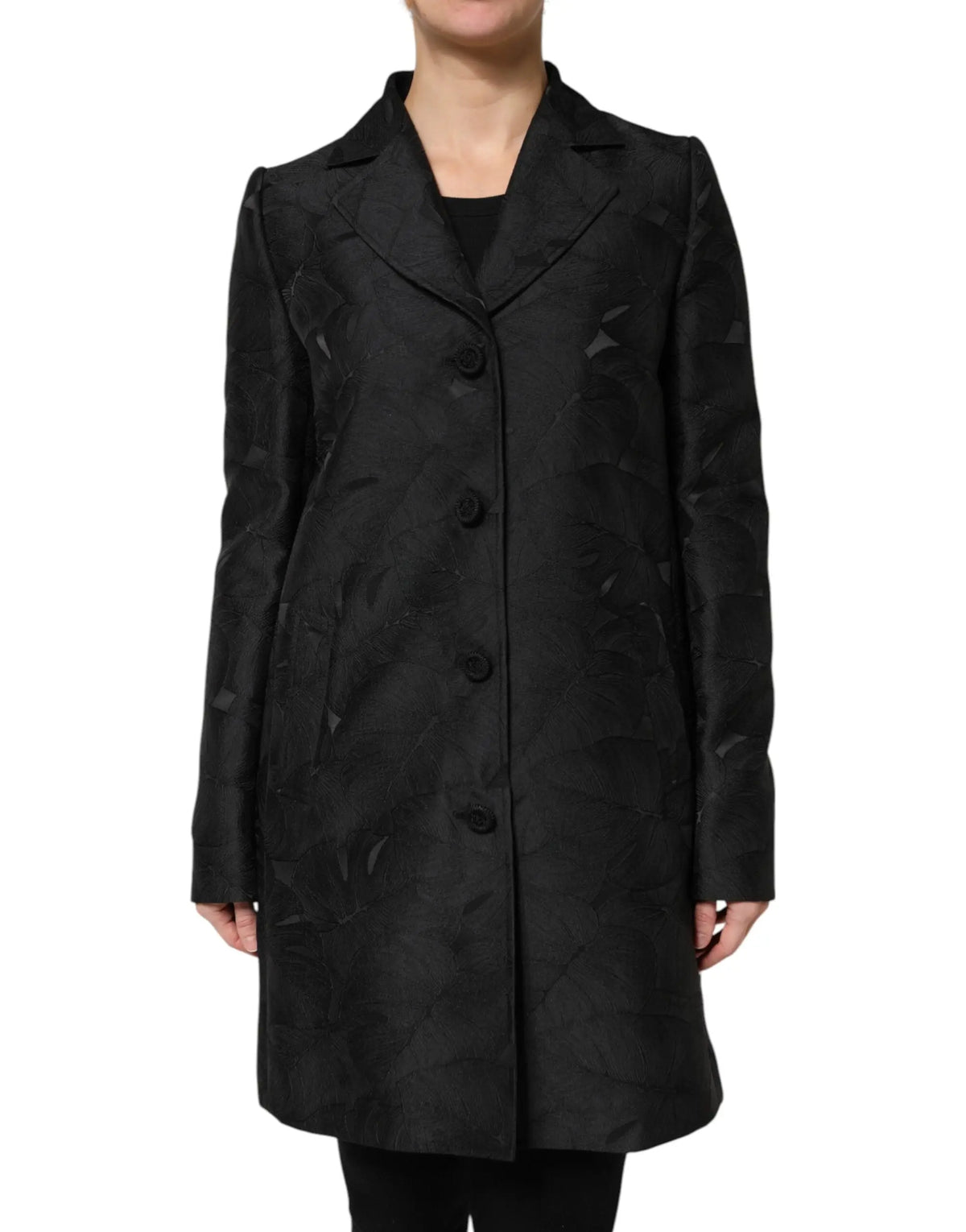 Dolce & Gabbana trench coat noir texturé avec motif feuille subtil et design à double boutonnage classique