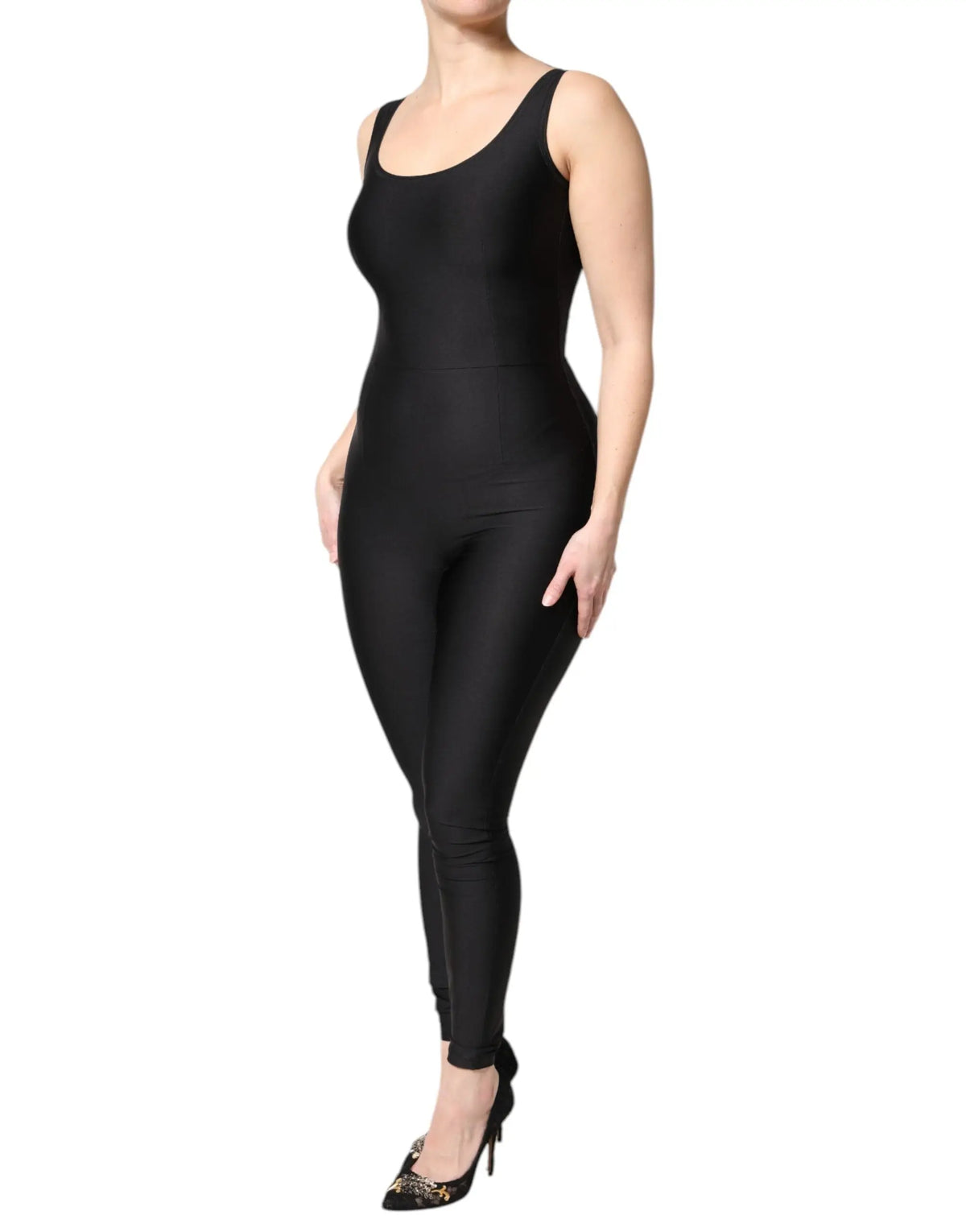 Dolce & Gabbana combinaison femme noire sans manches en tissu stretch moulante à col scoop et jambes fines