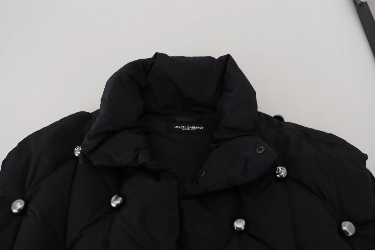 Dolce & gabbana veste sans manches noire matelassée avec boutons argentés et étiquette de marque au col