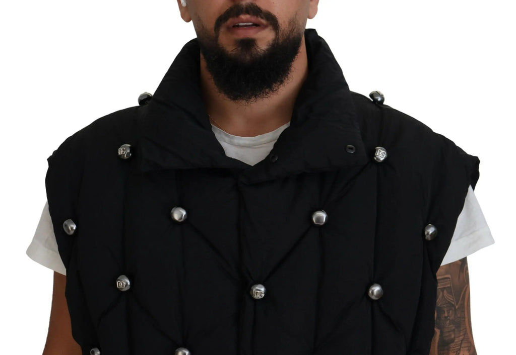 Dolce & gabbana veste sans manches noire matelassée avec boutons métalliques argentés dg en métal