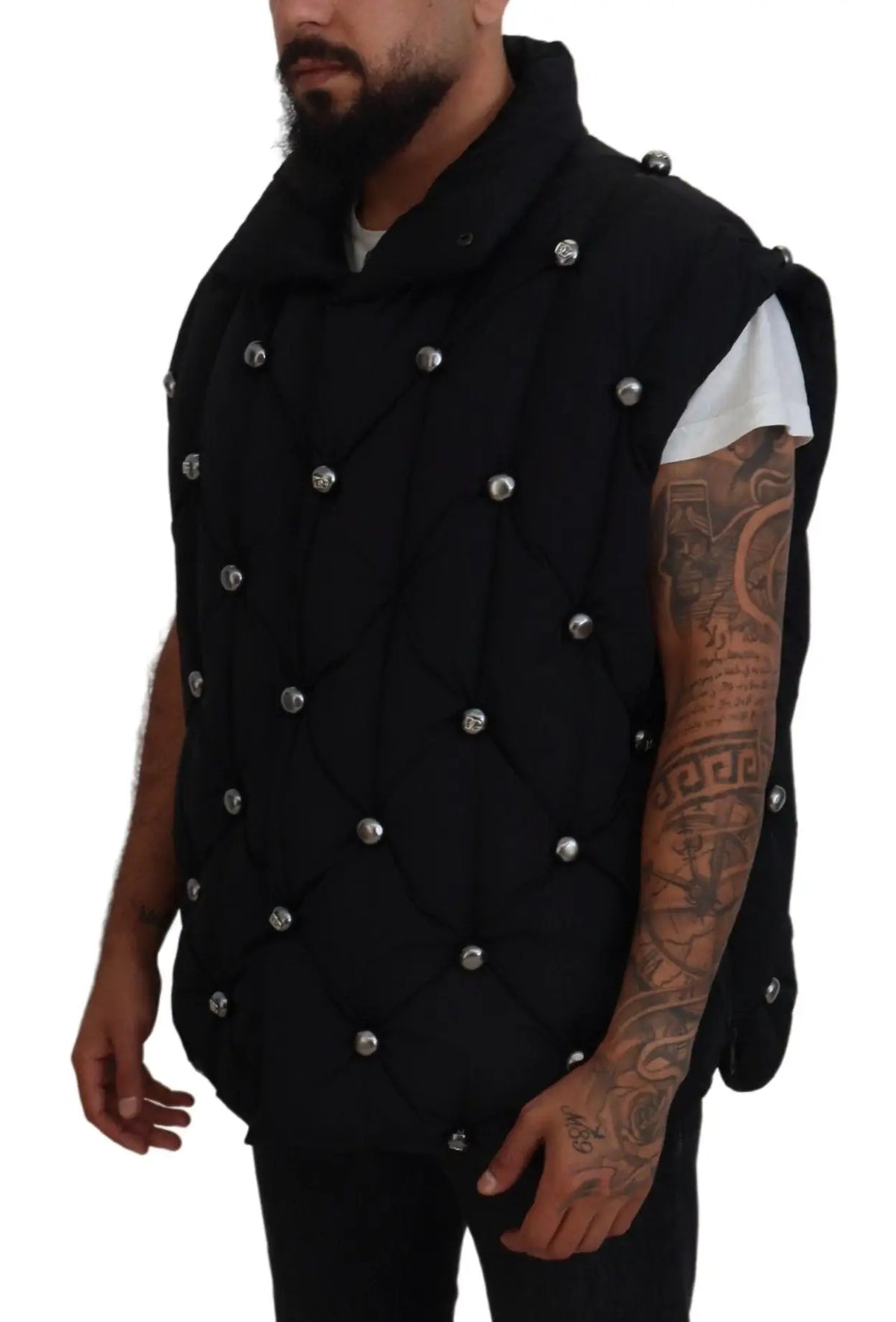 Dolce & gabbana veste sans manches noire matelassée avec boutons métalliques argentés dg en métal