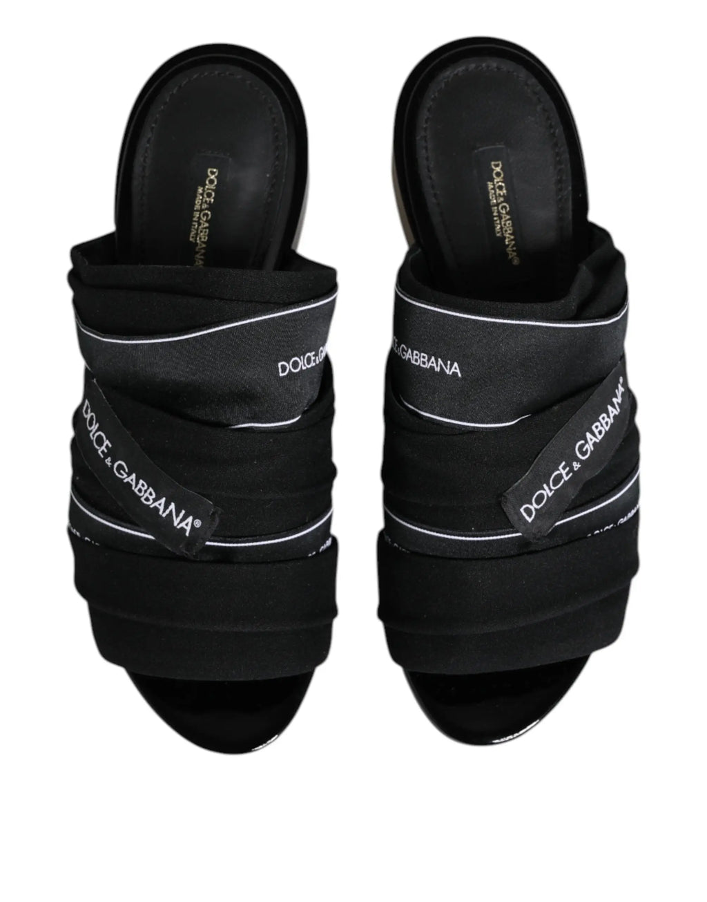 Dolce & gabbana black slides slip on sandals with layered fabric straps and white branding on the front