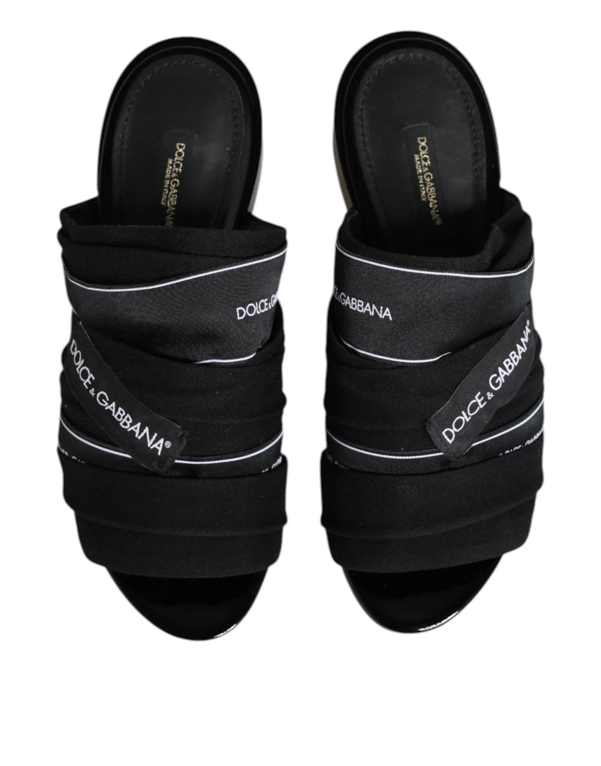 Dolce & gabbana black slides slip on sandals with layered fabric straps and white branding on the front