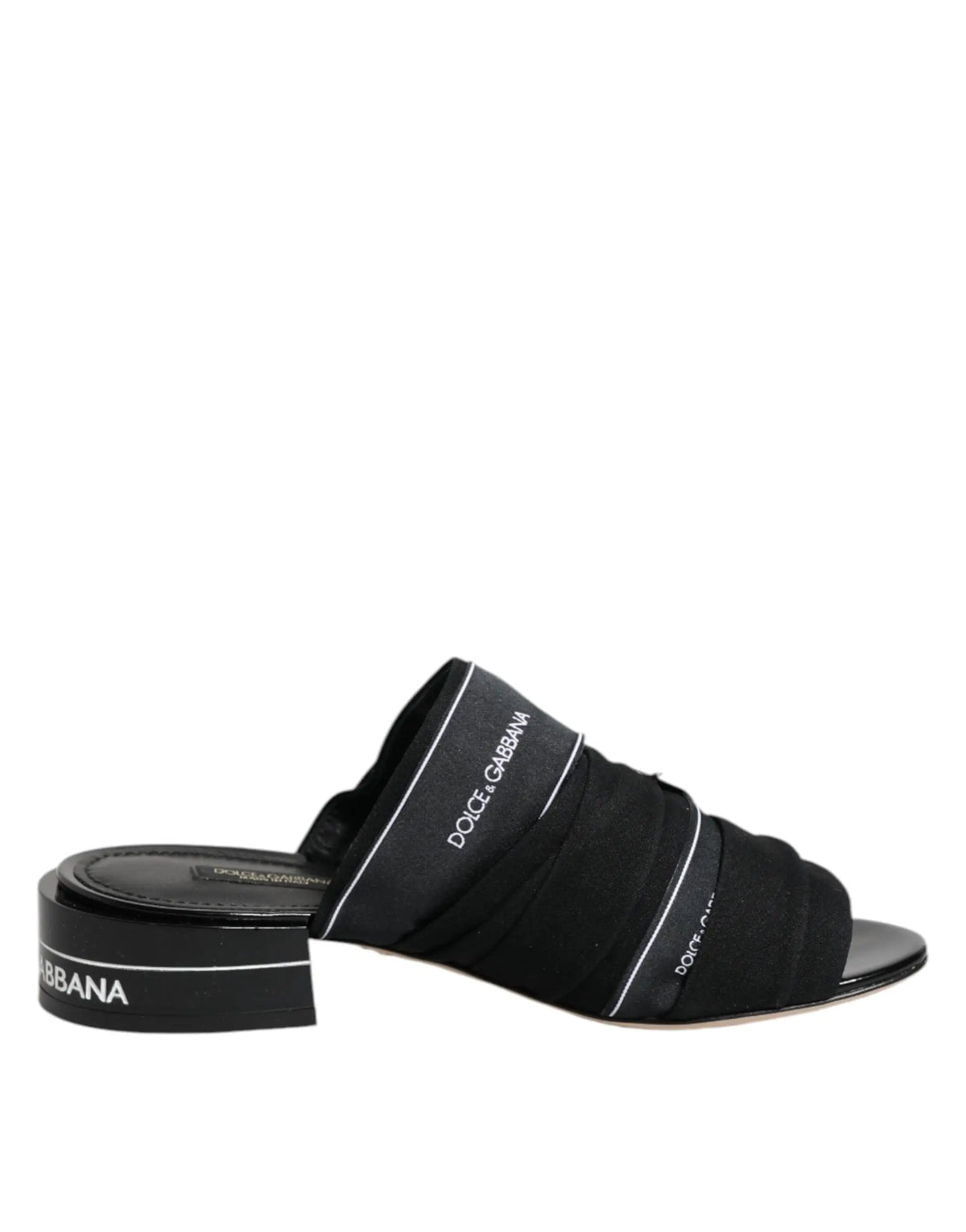 Dolce & gabbana black slides slip on sandals with low block heel and ribbed fabric straps featuring logo