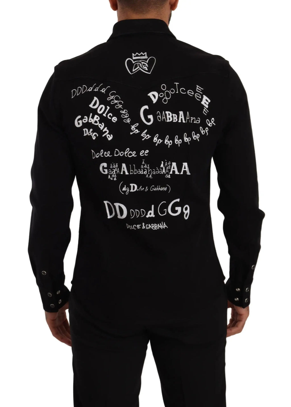 Chemise noire dolce & gabbana en denim stretch coton slim manches longues vue dos avec logo blanc audacieux