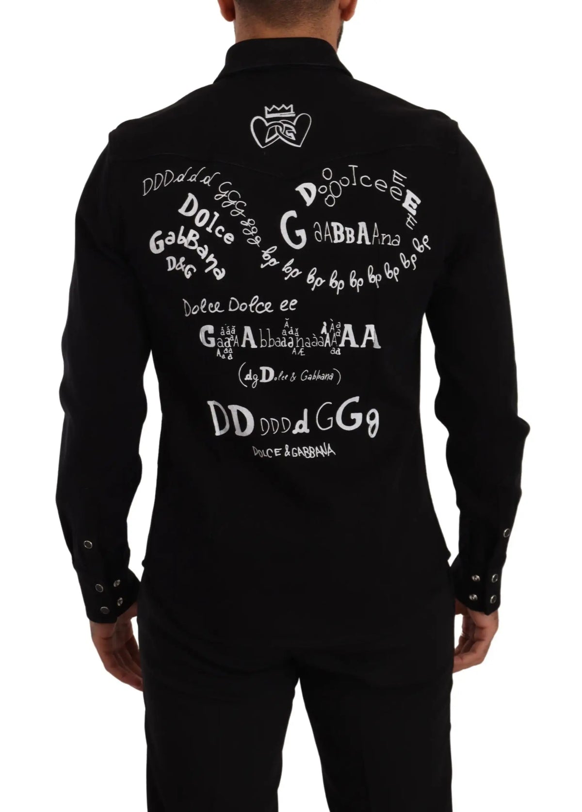Chemise noire dolce & gabbana en denim stretch coton slim manches longues vue dos avec logo blanc audacieux