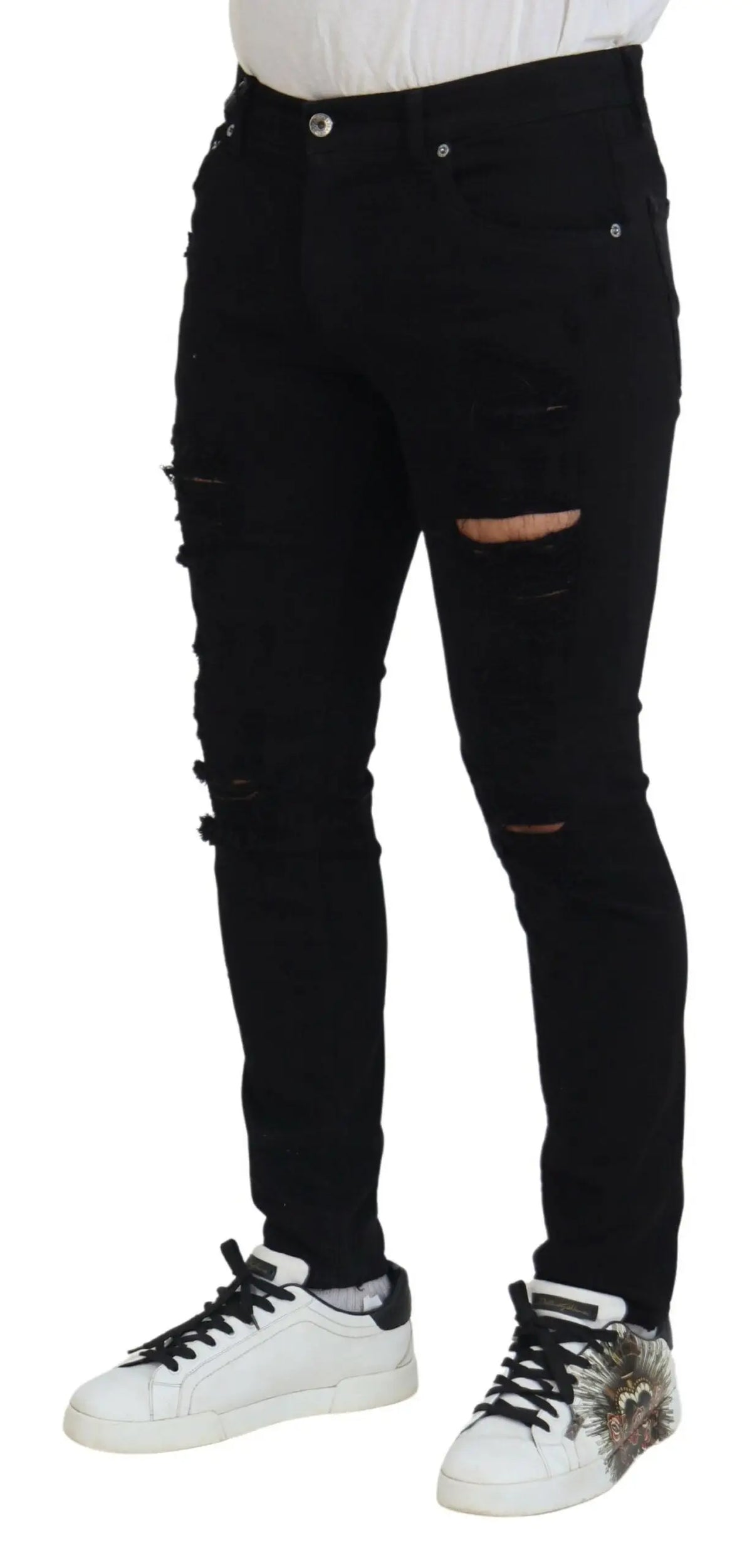 Dolce et gabbana jean slim fit noir en denim coton déchiré avec genoux déchirés et boutons argentés
