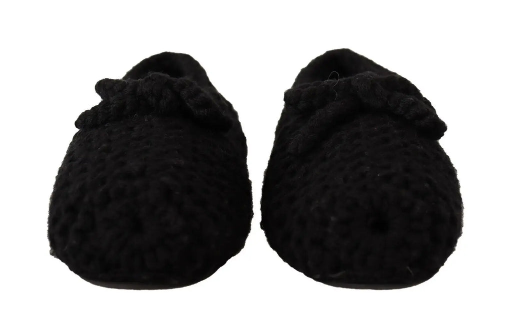 Dolce & gabbana ballerines noires en laine tricotée avec surface douce et nœud décoratif devant