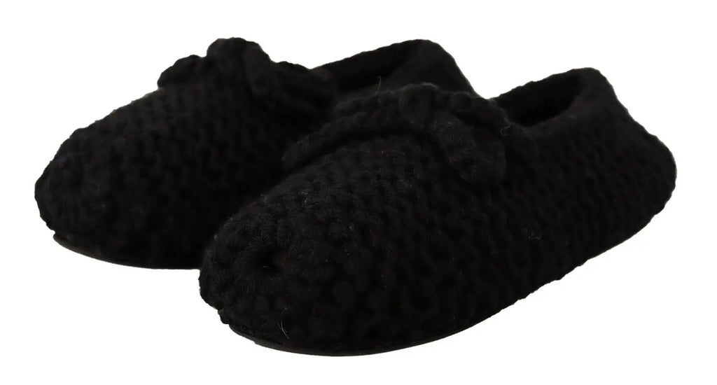 Dolce & Gabbana ballerines noires en laine avec semelle glissante, tricot douillet et nœud décoratif