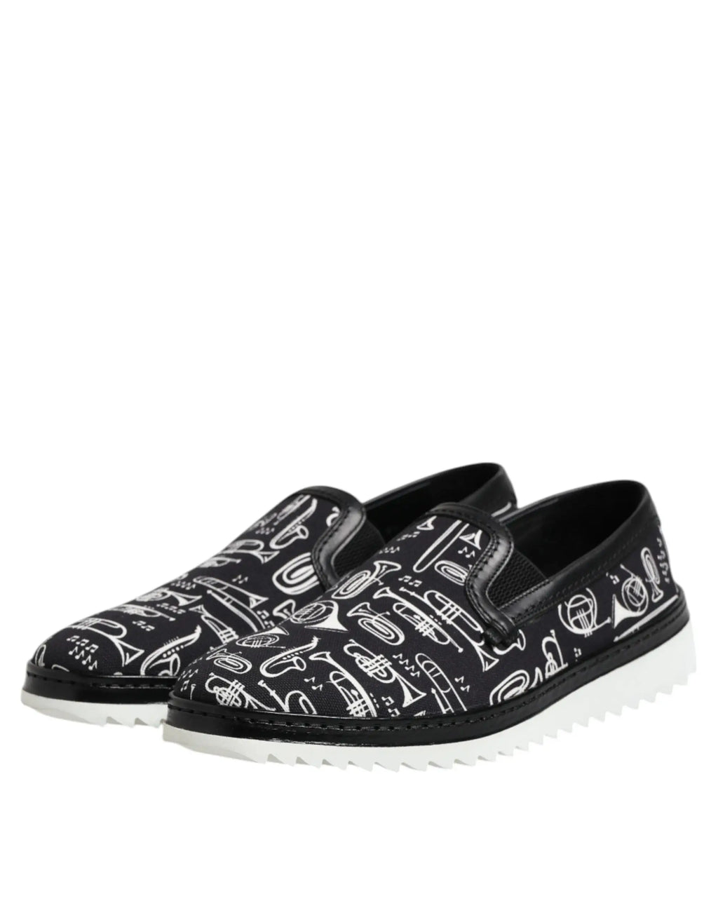 Dolce & gabbana slip-on noir pour homme avec motif instrument de musique blanc et semelle en caoutchouc texturée