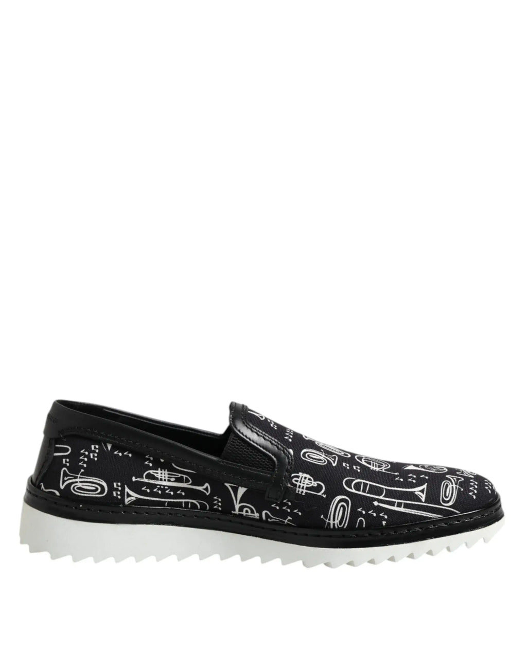 Dolce & gabbana mocassins hommes noirs slip on avec illustrations blanches d instruments de musique et semelle crantée blanche