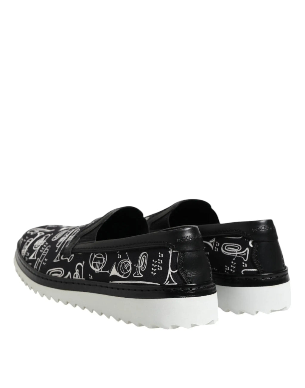 Dolce & gabbana chaussures loafers homme slip on en cuir noir avec semelle blanche et imprimé d instruments de musique blanc