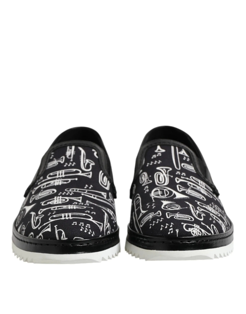 Dolce & Gabbana chaussures hommes loafers slip on noires en toile avec motif blanc d instruments de musique et notes