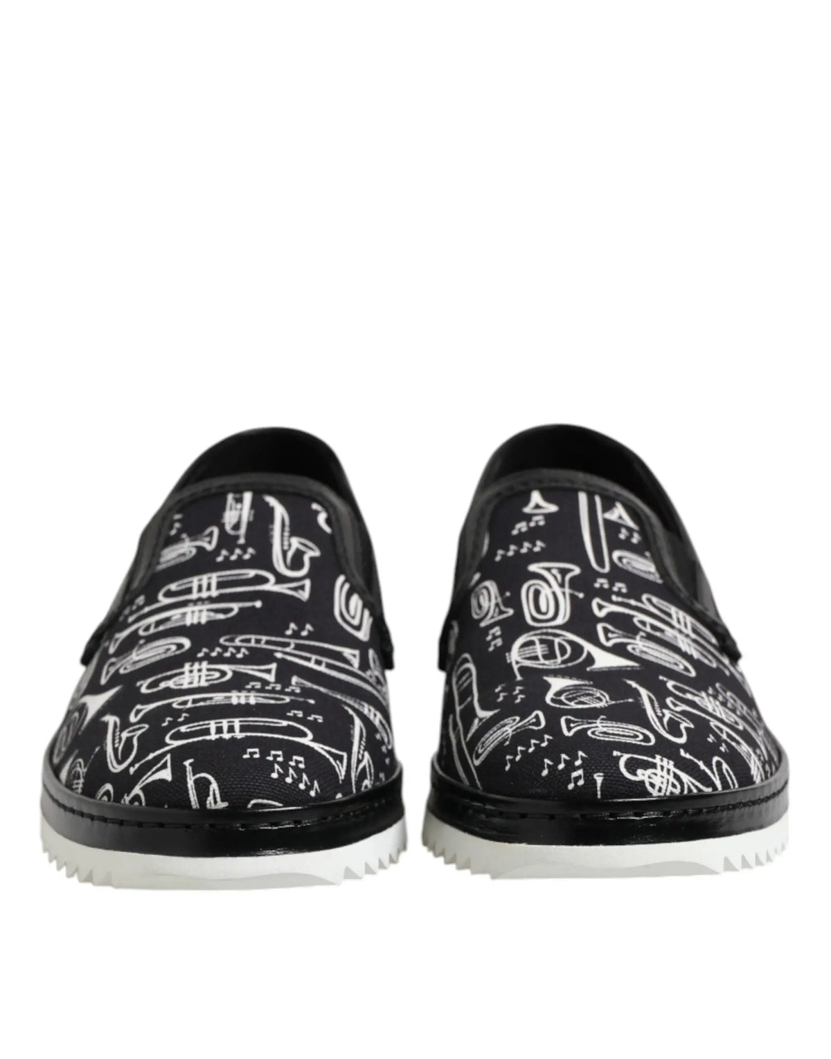 Dolce & Gabbana chaussures hommes loafers slip on noires en toile avec motif blanc d instruments de musique et notes